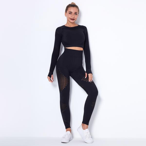 Hygroscopic Womens Long Sleeve Gym Set Hollow Seamless Yoga Gym Set