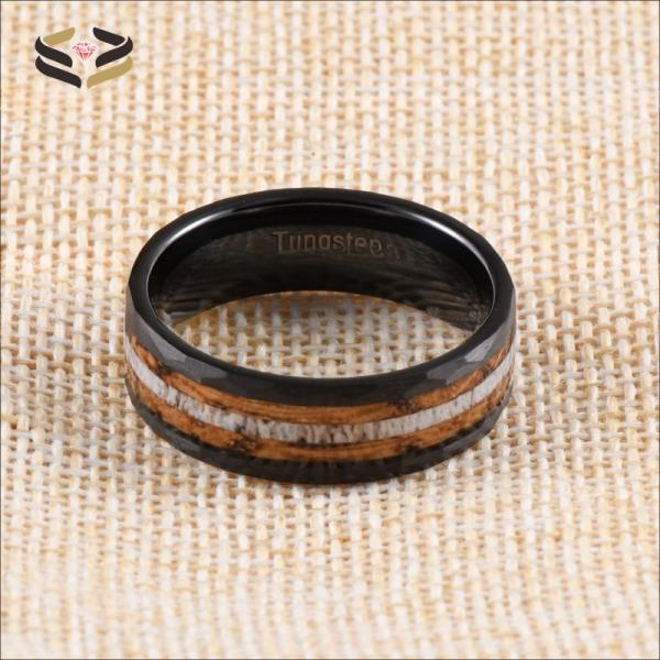 8mm Hammered Whiskey Barrel Wood and Deer Antler Inlay Black Tungsten Rings Children's Wedding Bands Gender Children's