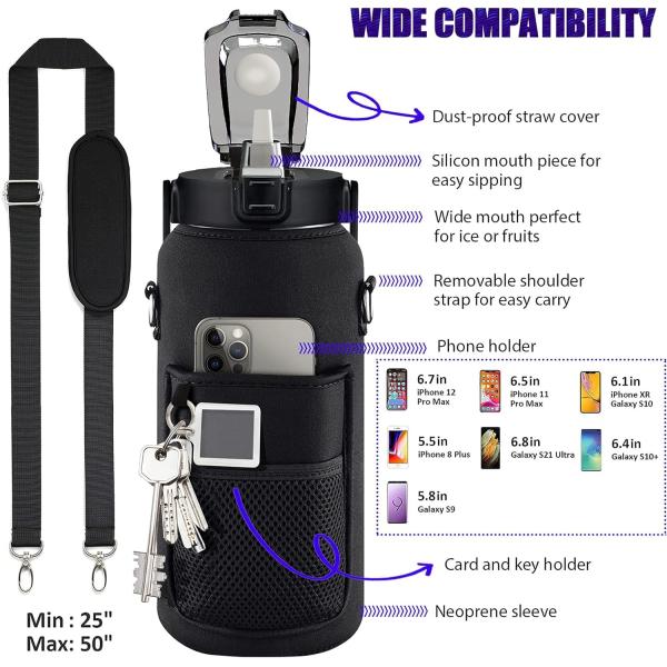 Half Gallon Water Bottle With Sleeve 64oz (2L) Inspirational Water Bottle With Straw and Time Stamp,