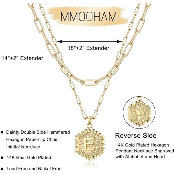 Dainty 18K Gold Hexagon Initial Necklace Cute Layering Necklaces for Women Solid Gold Layered Jewelry Gifts