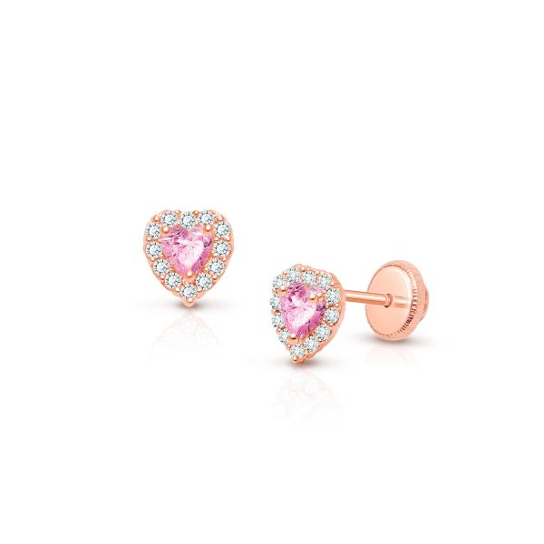 925 Sterling Silver Heart Shaped Pink & White CZ Stud Earrings with Pave Setting for Children's Fine Jewelry