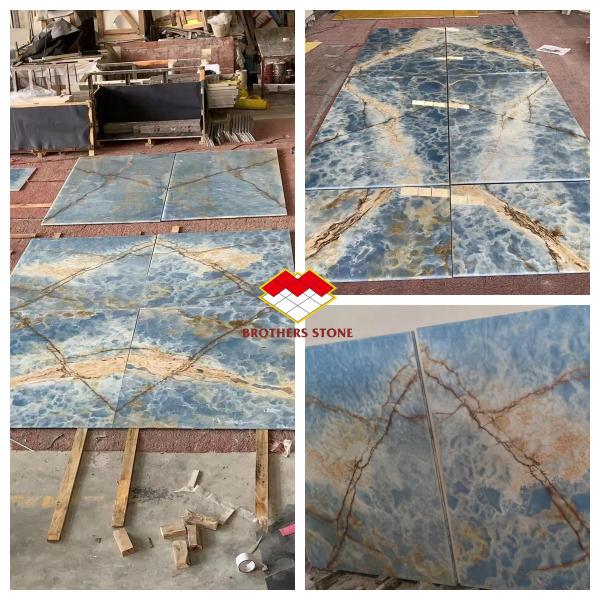 Fantasy Blue Marble Vanity Top Countertop Table OEM Custom Blue Crystal Quartz Stone