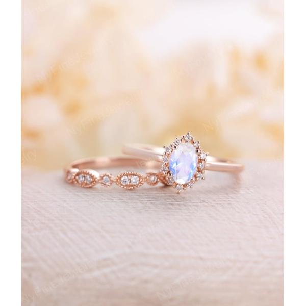 Blue Natural Moonstone Ring Set , 14K Rose Gold Moonstone Stacking Rings