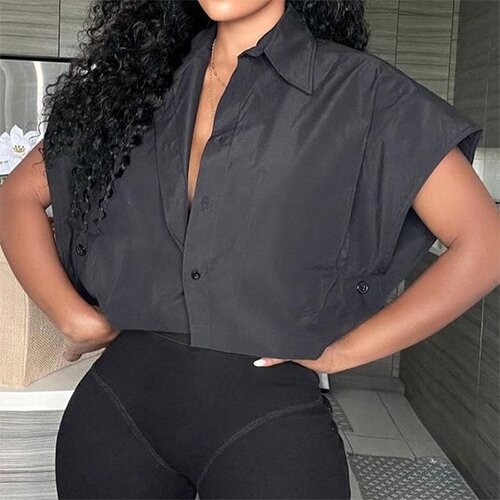 OEM Street Lapel Sleeveless Short Shirt Tops Solid Color Loose Casual Buttons