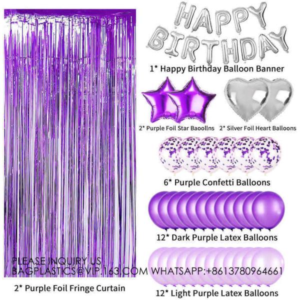 Birthday Party Decoration Balloon Set Purple Balloon Rain Curtain Silver Happy Birthday Balloon Supplies Set