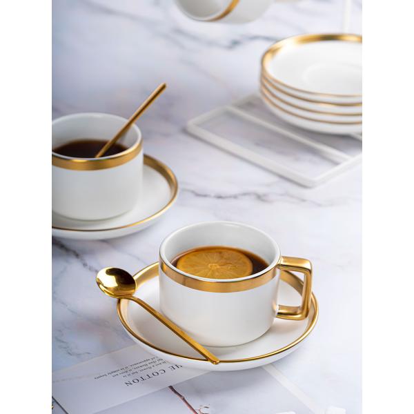 Matte White Ceramic Porcelain Coffee Tea Cups Saucers Sets With Gold Handle 250ml Volume
