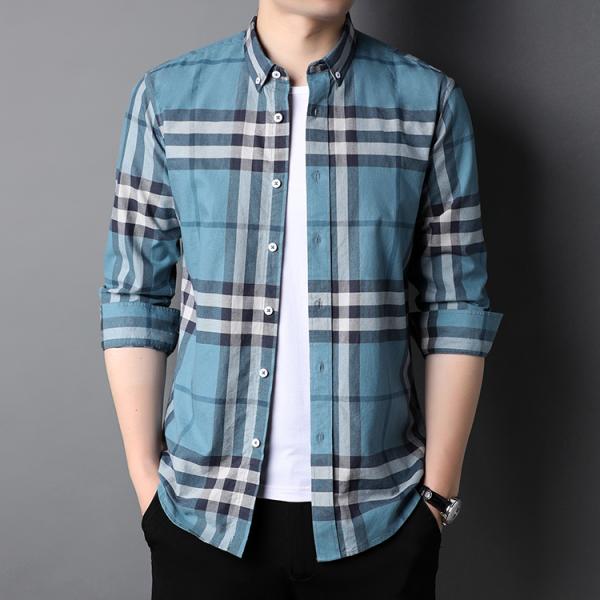 Button Down Collar Casual 100% Cotton Oxford Men's Long Sleeve Plaid Shirt for Autumn