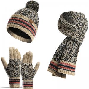 Quality 3 In 1 Winter Knited Beanie Scarf Set Knitted Hat Set With Touchscreen Gloves Promotional Gift In Winter for sale