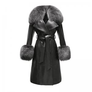 Quality                  Winter Fox Fur Collar Cuffs Women Long Leather Jacket Black Genuine Sheepskin Trench Leather Fur Coats for Ladies              for sale