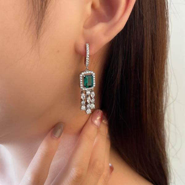Green Gemstone Cubic Zirconia Long Drop Earrings For Wedding
