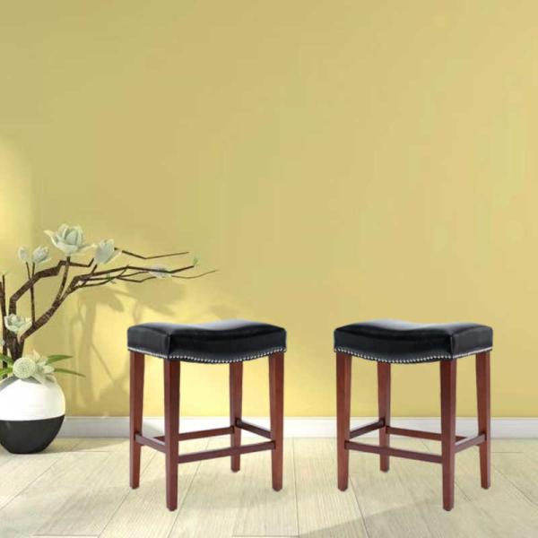 W50.5cm D33.5cm Black Leather Bar Stools Set Of 2 With Rubber Wood Leg