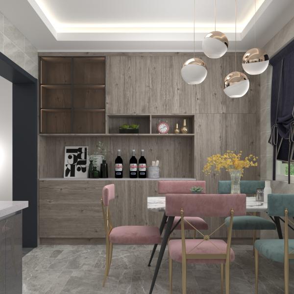 Modern dining table set with upholstered chairs in a contemporary dining room