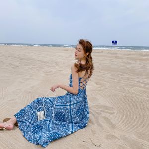 Blue Back Tie Halter Strap 104cm Bohemian Beach Dress