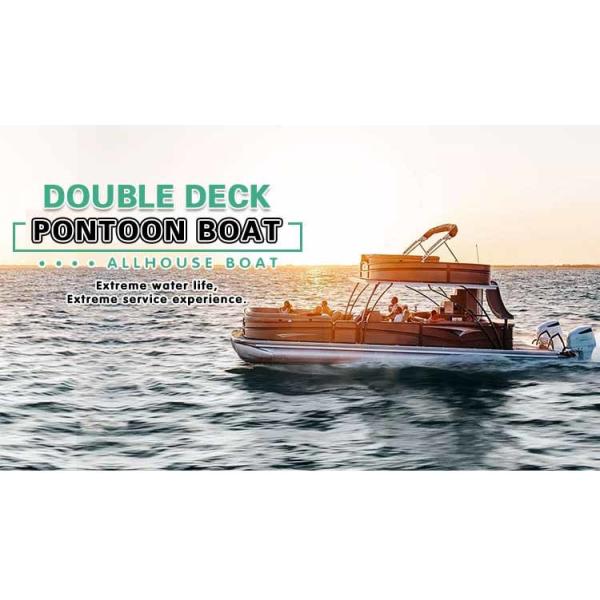 30FT Double Decker Pontoon Boat exterior view showing yellow side panels and deck space