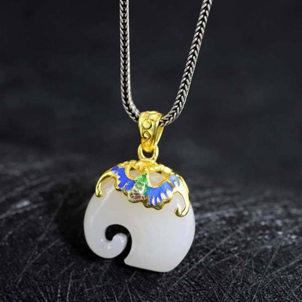Gold Plated 925 Silver Enamel White Jade Elephant Pendant Necklace Silver Wheat Chain (DZ011124)