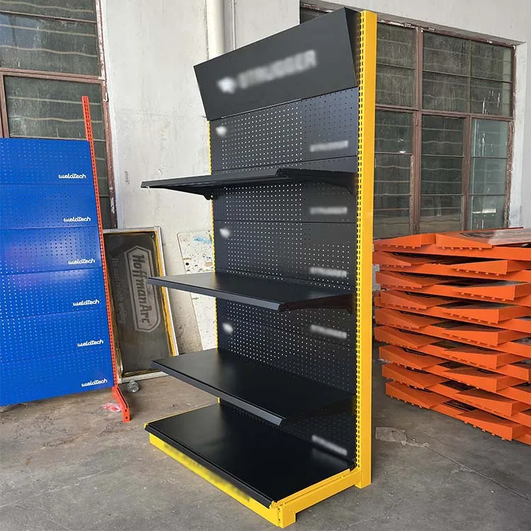 Factory Customized Color Size supermarket display rack rak gondola black and yellow supermarket shelves