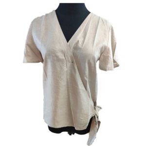 China V Neck Tie Loose Short Sleeve Women Blouse Shirt on sale