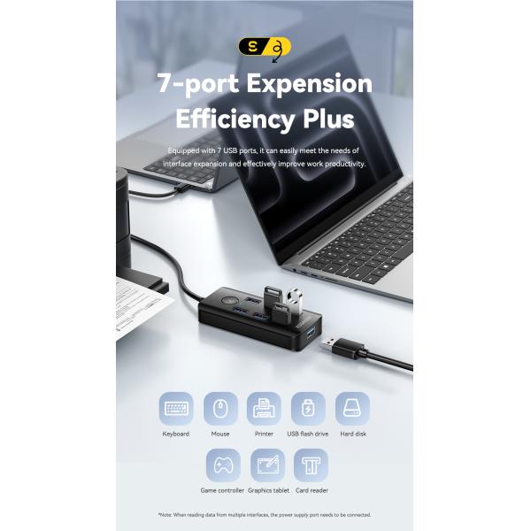 Essager ES-HB04 7-Port USB 3.0 Hub for Laptop PC 5Gbps Data Transfer