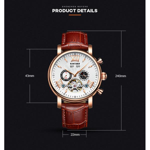 KINYUED J017-1 White Dial Gold Case Leather Strap Complete Calendar Skeleton Automatic Mechanical relojes Watch