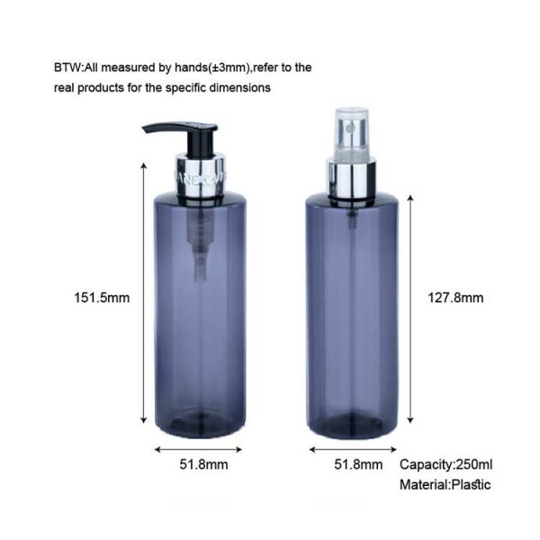 250ml Plastic blue transparent smooth cylindrical bottle with silver pump/spray for empty oil cosmetic bottle