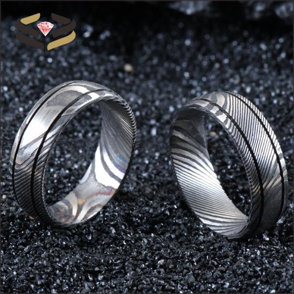 Men Black Damascus Steel Ring 8mm Double Groove for Engagement Wedding