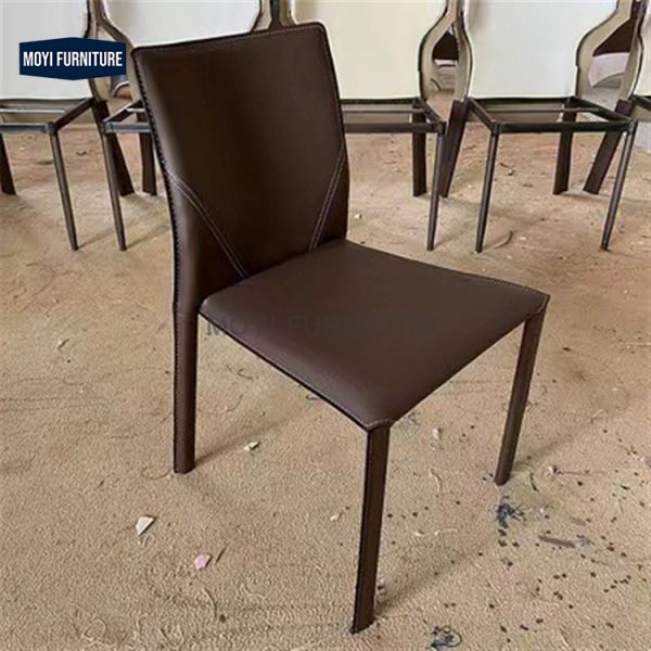 Dining Chair Crafted with Modern Metal Frame and Genuine Saddle Leather Upholstery Stylish Relax Seating Dining Room