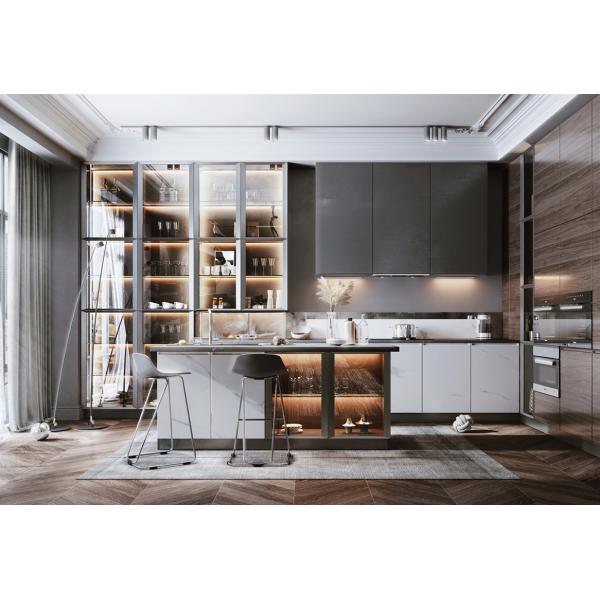 Modern kitchen cabinet design with glass door panels