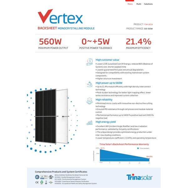 Tier 1 Monocrystalline Solar Panel Photovoltaic Modules Trina Vertex 560W-580W