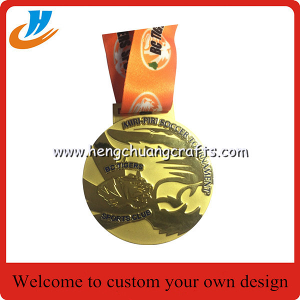 Matt gold plated medals custom,ribbon medals with football logo design sports medals