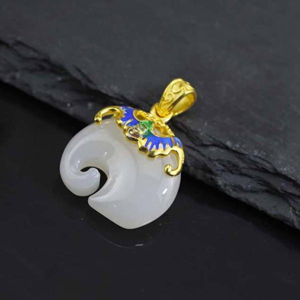 Gold Plated 925 Silver Enamel White Jade Elephant Pendant Necklace Silver Wheat Chain (DZ011124)