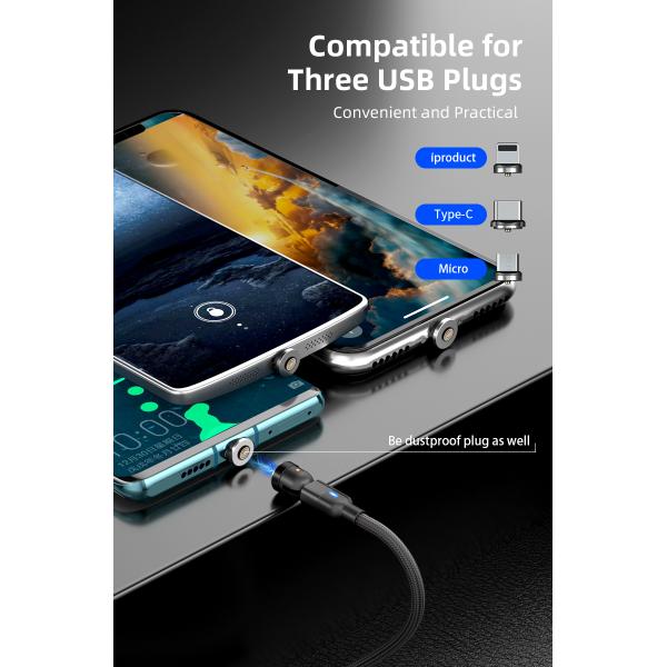 540° rotation USB magnetic cable nylon braided 3 in 1 magnetic cable fast charging 3A type C cable charger