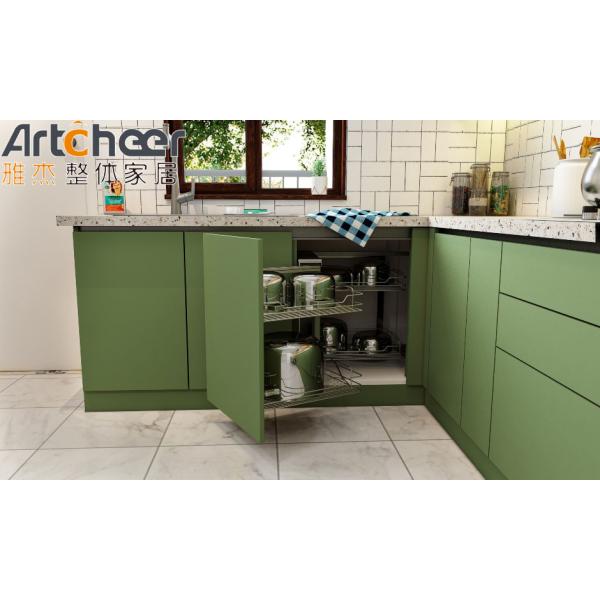 Custom U Shape Kitchen Cabinet Green Color L Shape Base Cabinets Set With Marble Stone Top