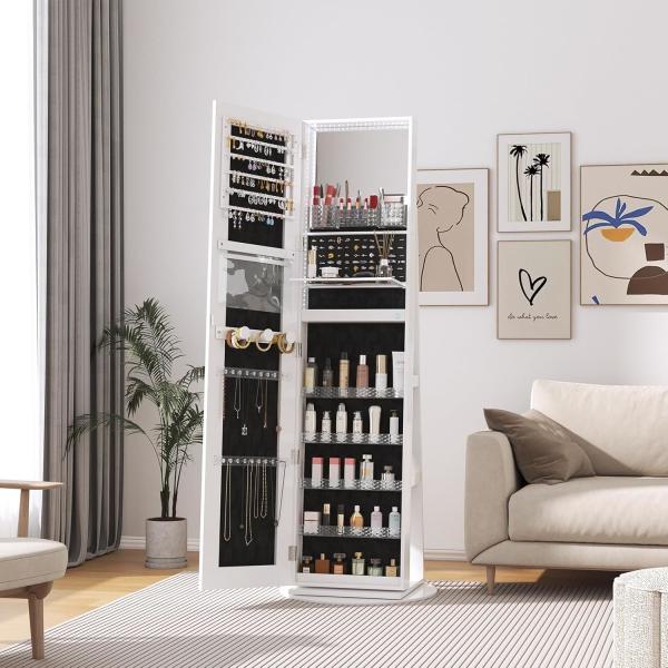 Modern Full Length Mirror Jewelry Cabinet with 3 Back Shelves HD Real Glass Mirror and Makeup Storage