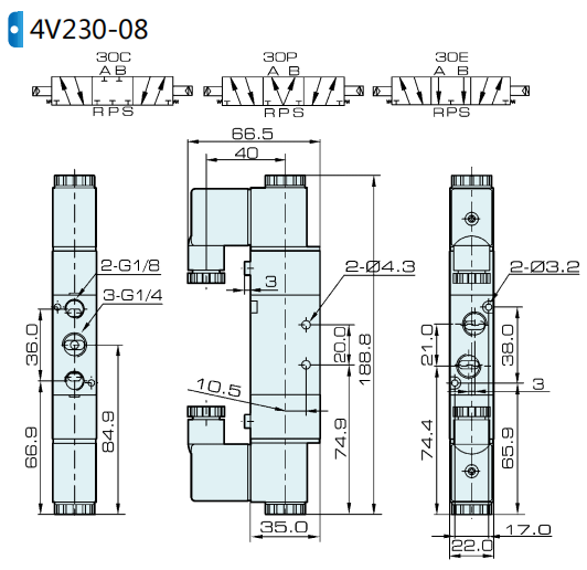 5/3 Way 1/4'' Pneumatic Air Control Solenoid Valve 4V230C-08