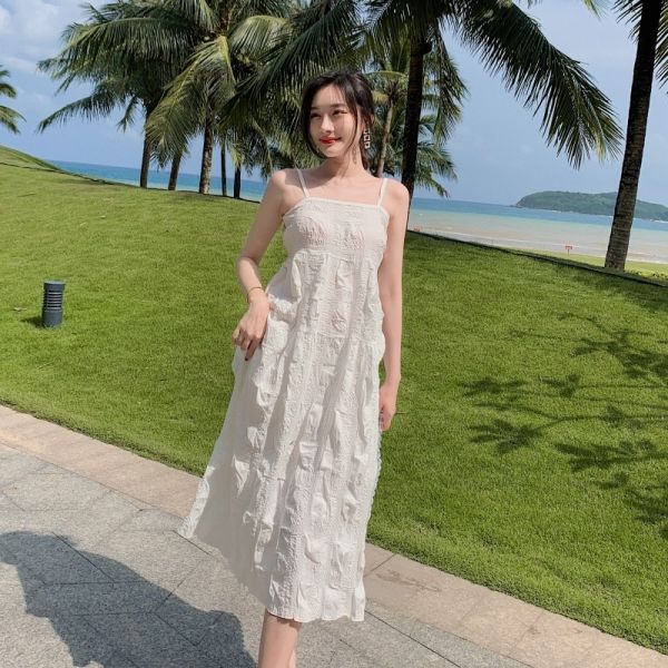 Strap A Line Backless White Midi Beach Holiday Dresses