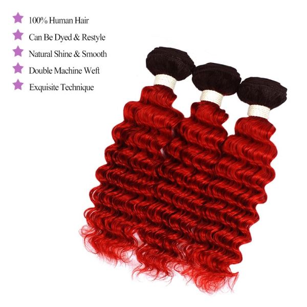 #T1B/Red Deep Wave Remy Human Hair Bundles Sew In Weave Bundles Brazilian Bundle Deals