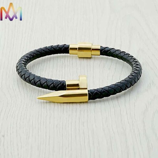 Engraved Braided Leather Nail Bracelet