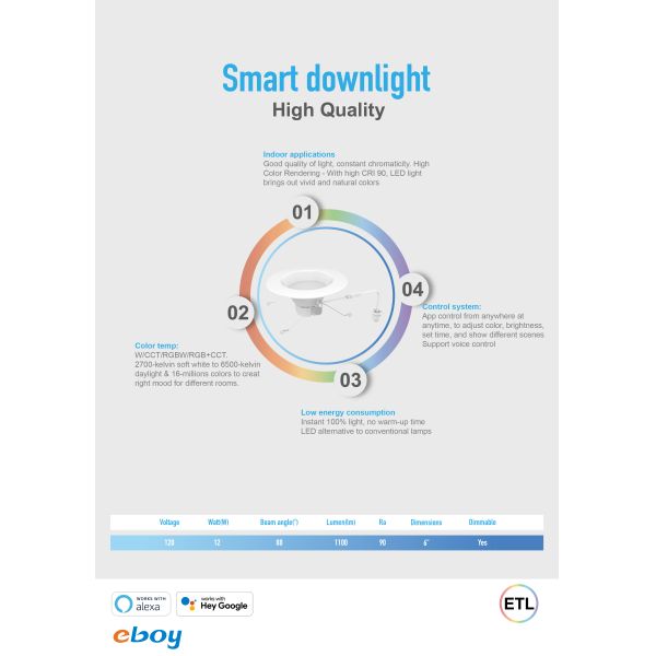 Dimmable 120V Beam Angle 88 Degree Smart LED Downlights
