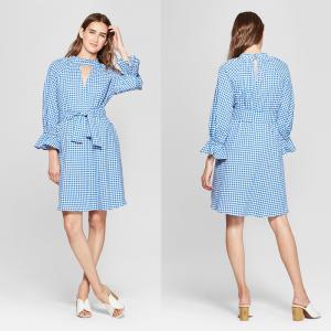 China 2018 New Design Ladies Long Blouson Sleeve Blue and White Gingham Dress with Belt on sale