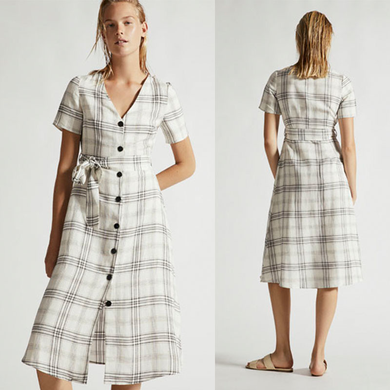 Quality Summer Clothing Women V Neck Midi Checked Linen Dress for sale