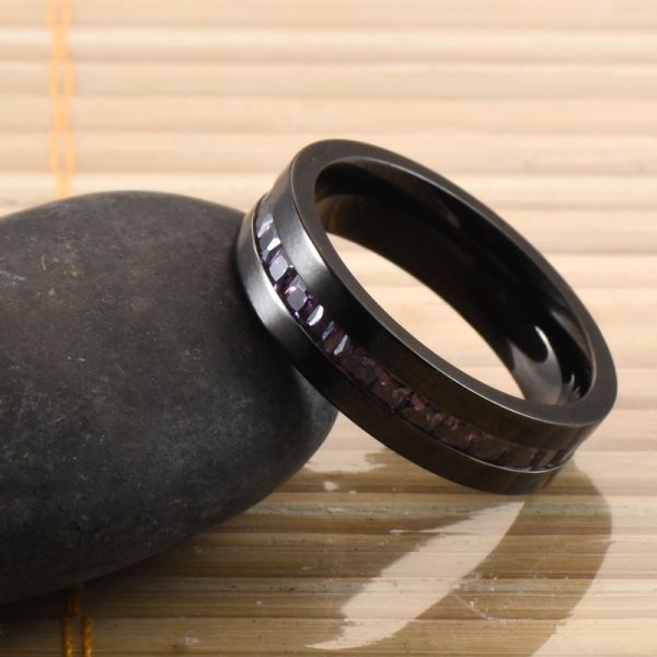 Purple CZ Stone Inlay Wedding Titanium Rings Black Plated Flat Edges Mens 6MM