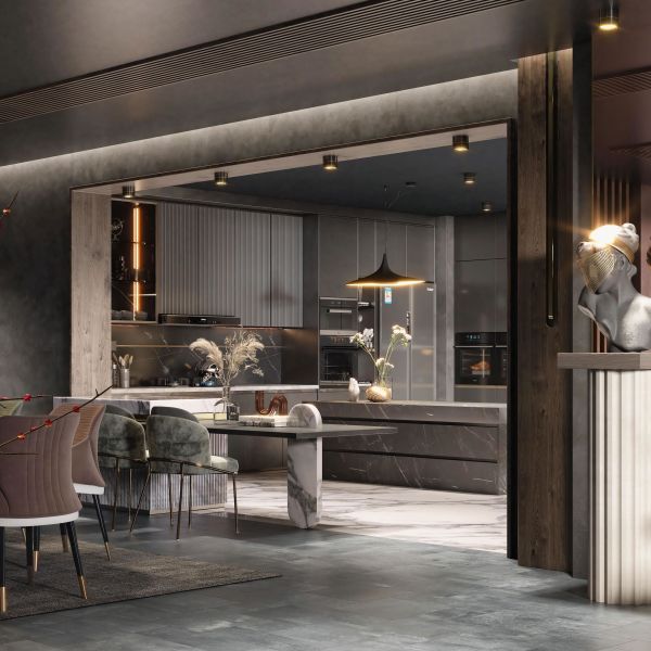 Modern Custom Kitchen Cabinet With Quartz Island Worktop For High-End Villa Living Room Home Furniture