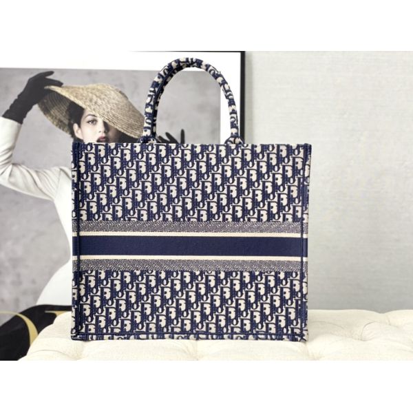 Dior Oblique Embroidery Canvas Navy Blue Branded Shoulder Bag Christian Book Large