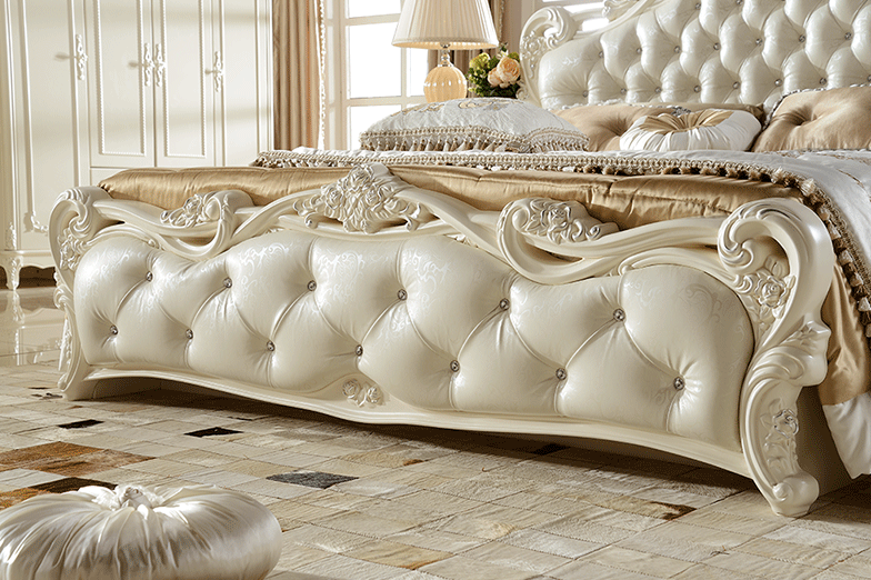 Bedroom Furniture Antique French Style King Size White Leather Wooden Bed
