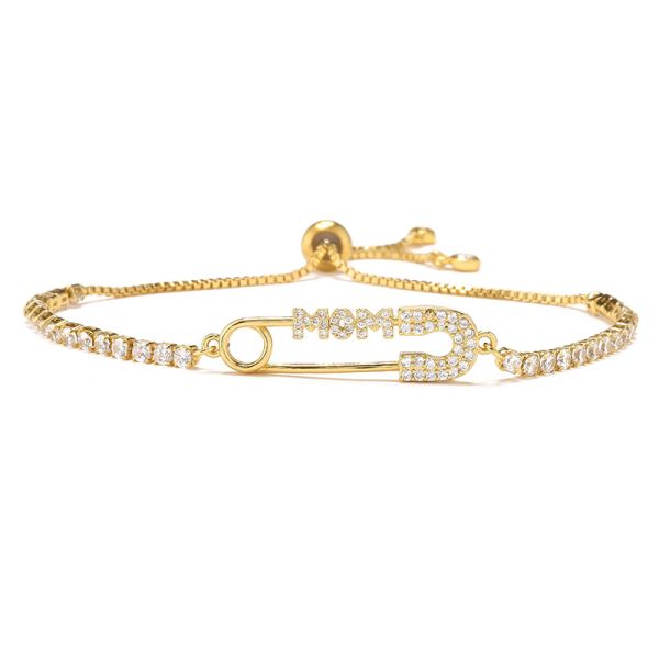 18k Gold Plated Diamond Custom Letter Mothers Day Bracelet Adjustable Beaded Tennis Chain