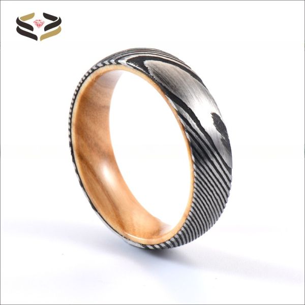 Etched Wedding Damascus Steel Rings Olive Wood Sleeve Inlayed 6mm 8mm For Christmas Gift