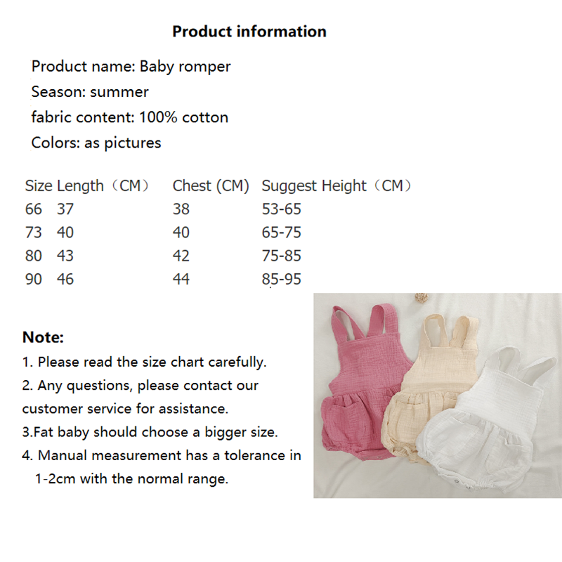 Summer Cotton Muslin Baby Clothes Sleeveless Romper Strap Pants With Pocket Solid Baby Bodysuit
