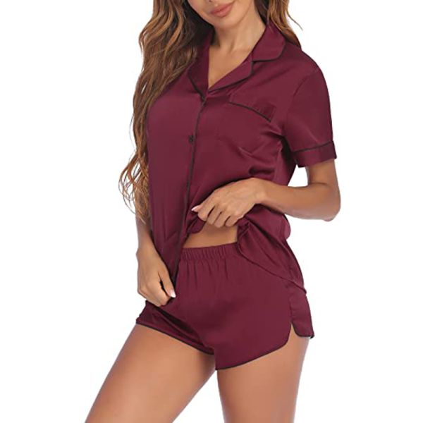 Button Down Silk 2 Pieces Womens Loungewear Set Women Pajama Set