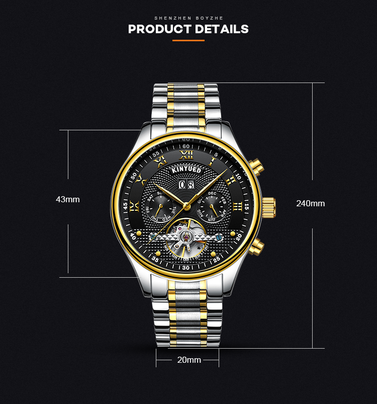 KINYUED Business Automatic Mechanical Watch Metal Case Shockproof