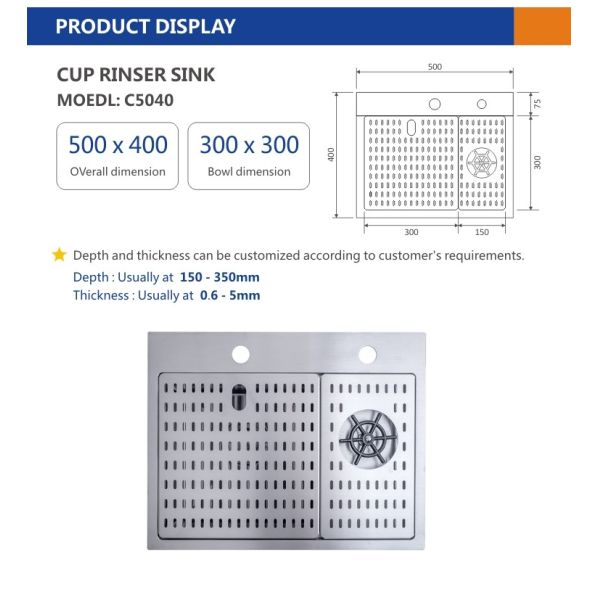 Stainless Steel Glass Rinser Sink , Single Bowl 15 Inch Undermount Bar Sink 50x40